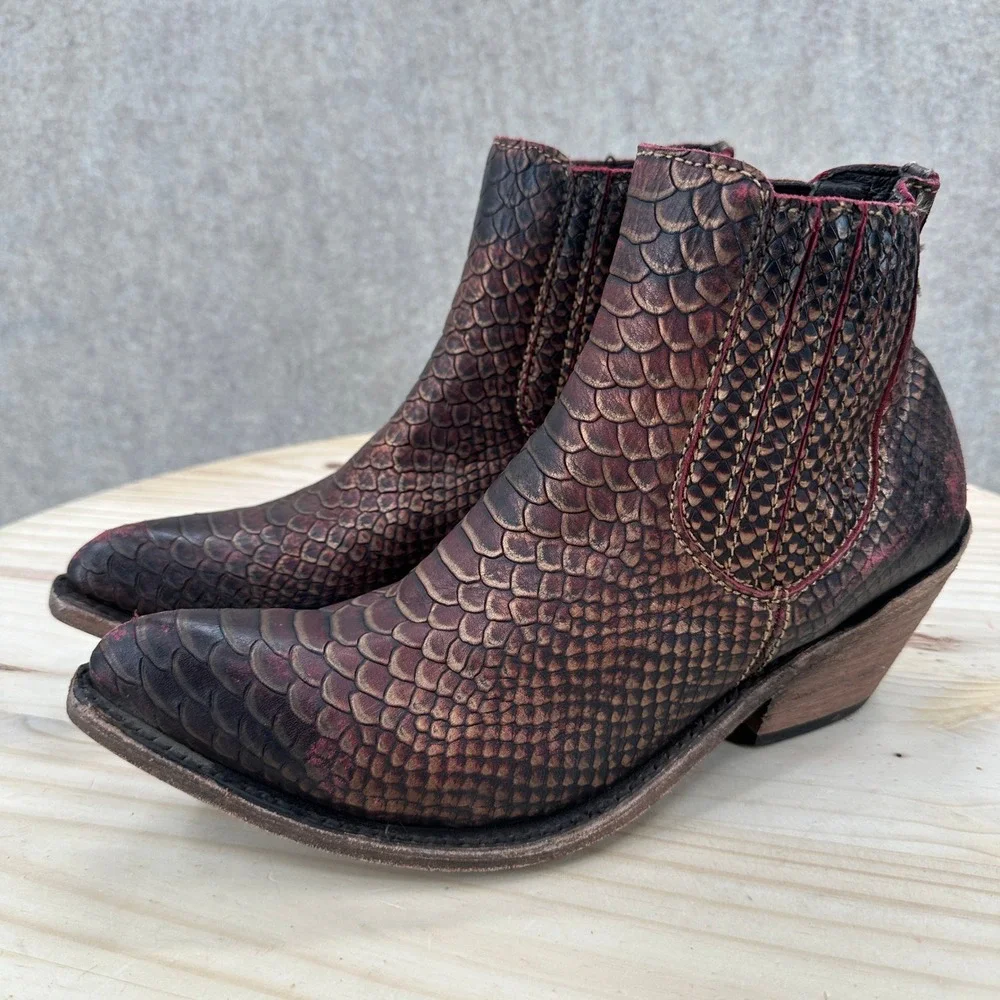 Snakeskin Embossed Ankle Boots Womens 9 Copper Leather Western Point Toe